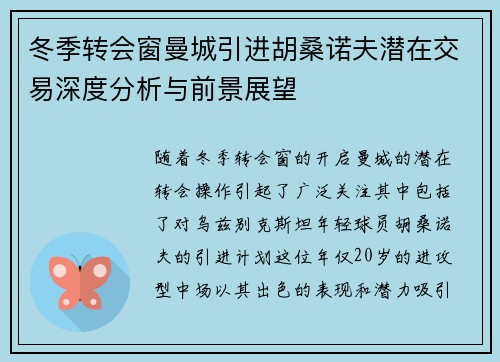 冬季转会窗曼城引进胡桑诺夫潜在交易深度分析与前景展望