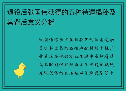 退役后张国伟获得的五种待遇揭秘及其背后意义分析